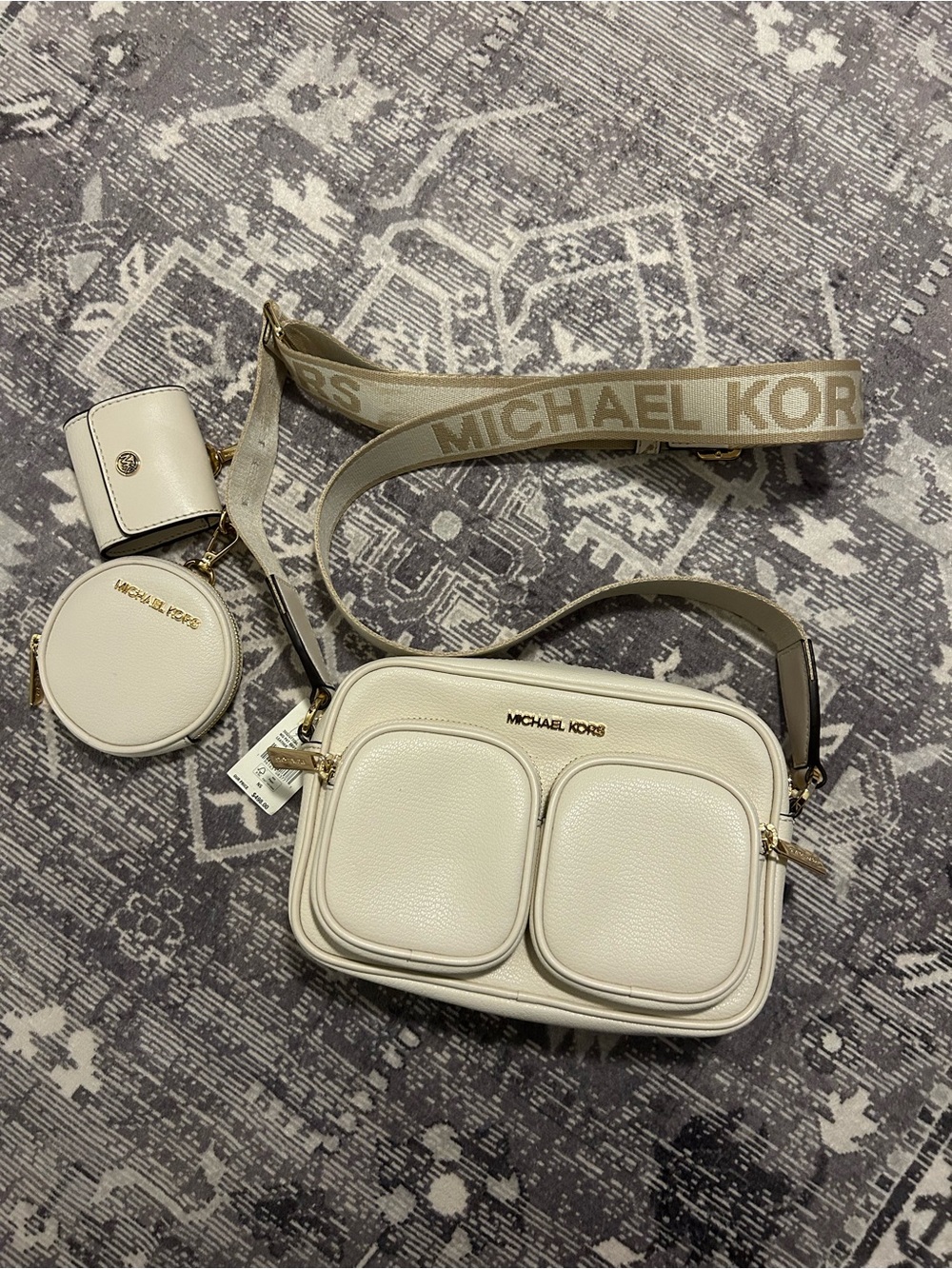 Michael Kors Cream Leather Crossbody Camera Bag with Branded Strap and Pouches